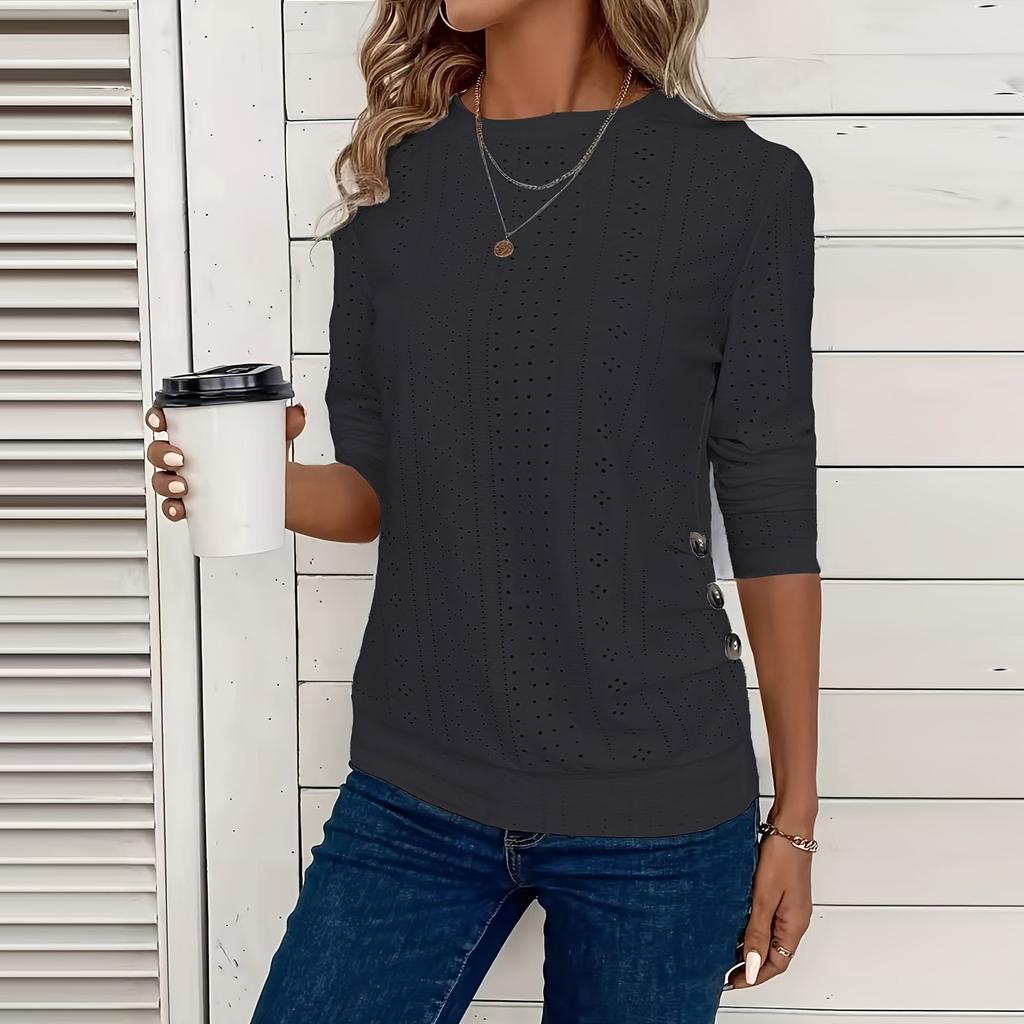 Women's Casual Solid Color Hollow-out Buttons Decorated Round Neck T-shirt Top