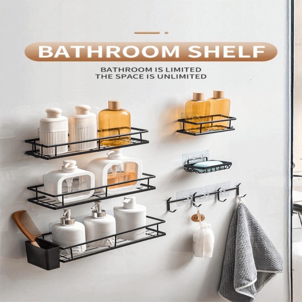 6 Pack Large Capacity Shower Storage Racks Self Adhesive Black Bath Organizer No Drilling Bathroom Shelves Wall Storage