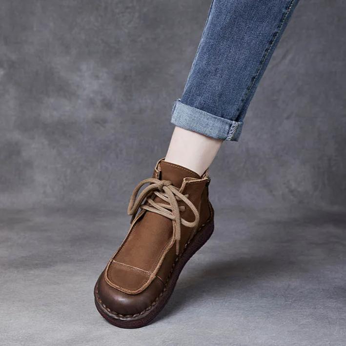 Johnature Genuine Leather Soft Soled Retro Women's Shoes Versatile Round Toe Lace Up Flat Ankle Boots