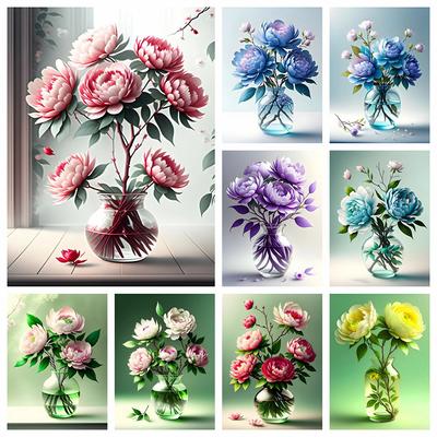 Diamond Painting Peony Flower Full Square Round Camellia Mosaic Vase Picture Rhinestones Embroidery Decor For Home