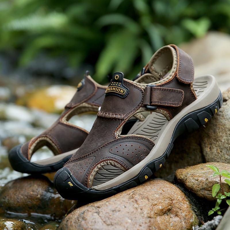 Plus Size Summer Men's Sandals Breathable Genuine Leather Outdoor Sandals Casual Beach Sandals