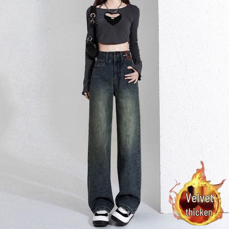 Women's Fleece-Lined Wide-Leg Jeans: Autumn/Winter 2025, High-Waisted, Pear-Shaped Straight-Leg Design.