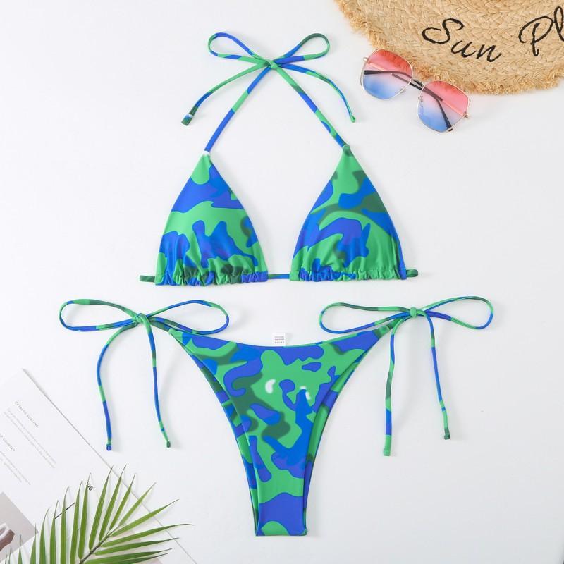 

Women s Split Color Collision Sexy Lace Triangle Bikini Swimsuit S зелёный