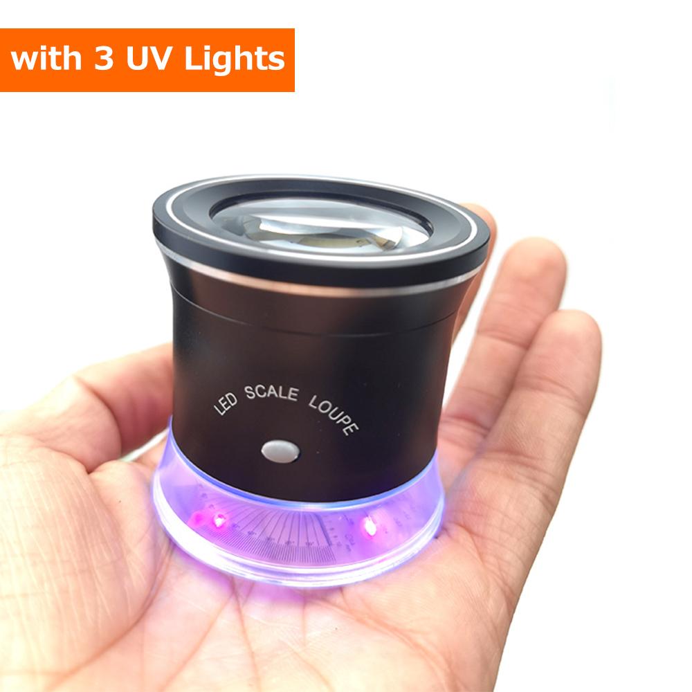 30X LED Scale Loupe Illuminated Magnifier with 6 White 3 UV Lights Rechargeable Magnifying Glass Interchangeable Reticle Scale for PCB Jewelry   St