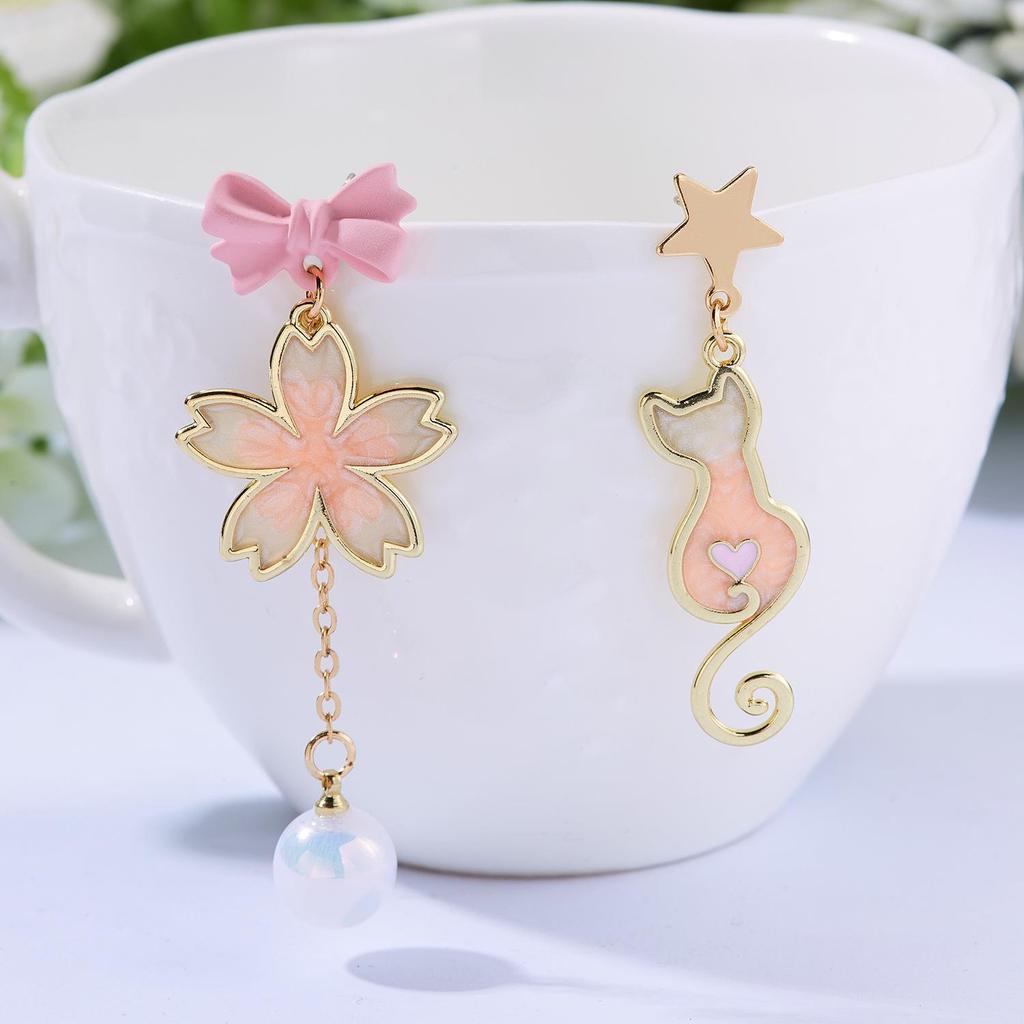 Chinese Fox Mask Folding Fan Asymmetrical Long Tassel Earrings For Women Girls Cherry Blossom Ear Hook Christmas Jewelry