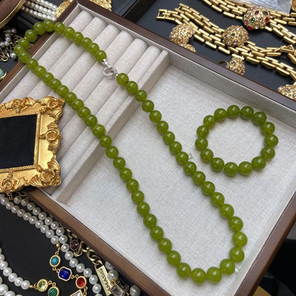 New Medieval Vintage Fashion Retro Design Qingti Color Jade Bracelet 12M Natural Stone Long Necklace Bracelet