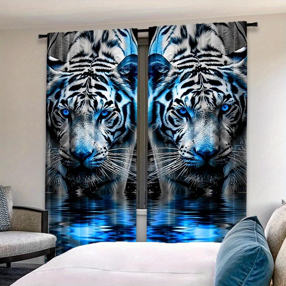 Tiger Printed Curtains Pole Opening Window Decorations Home Decoration Room Curtain Made Of Polyester