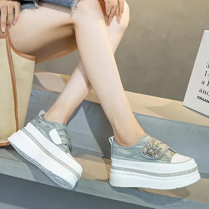 Fashion 6CM Denim Diamond Platform Wedge Genuine Leather Casual Spring Summer Autumn Comfy High Brand Chunky Sneakers Hidden Heels Shoes
