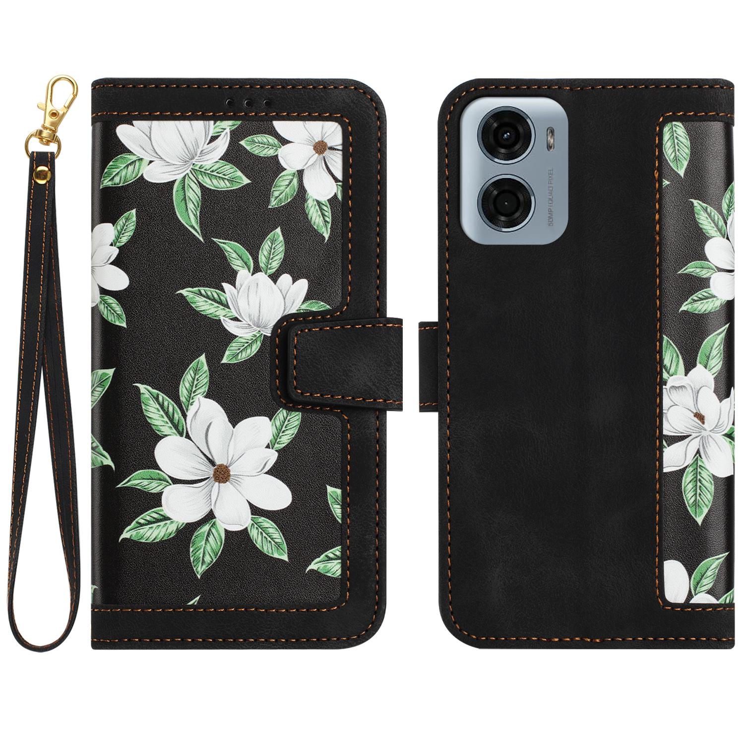 

For Motorola Moto G05 4G Case PU Leather Floral Phone Cover with Card Slots Black