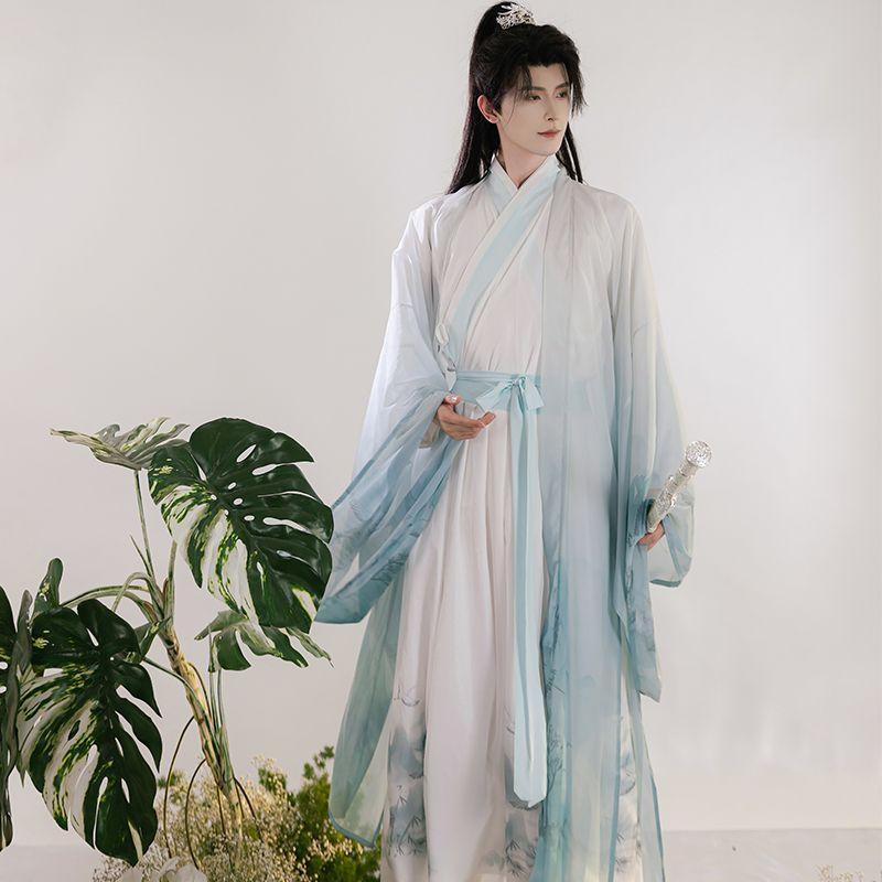 Chinese Wei And Jin Dynasty Style Hanfu Large-sleeved Shirt Ink Printing And Dyeing Suit, Daily Knight Suit