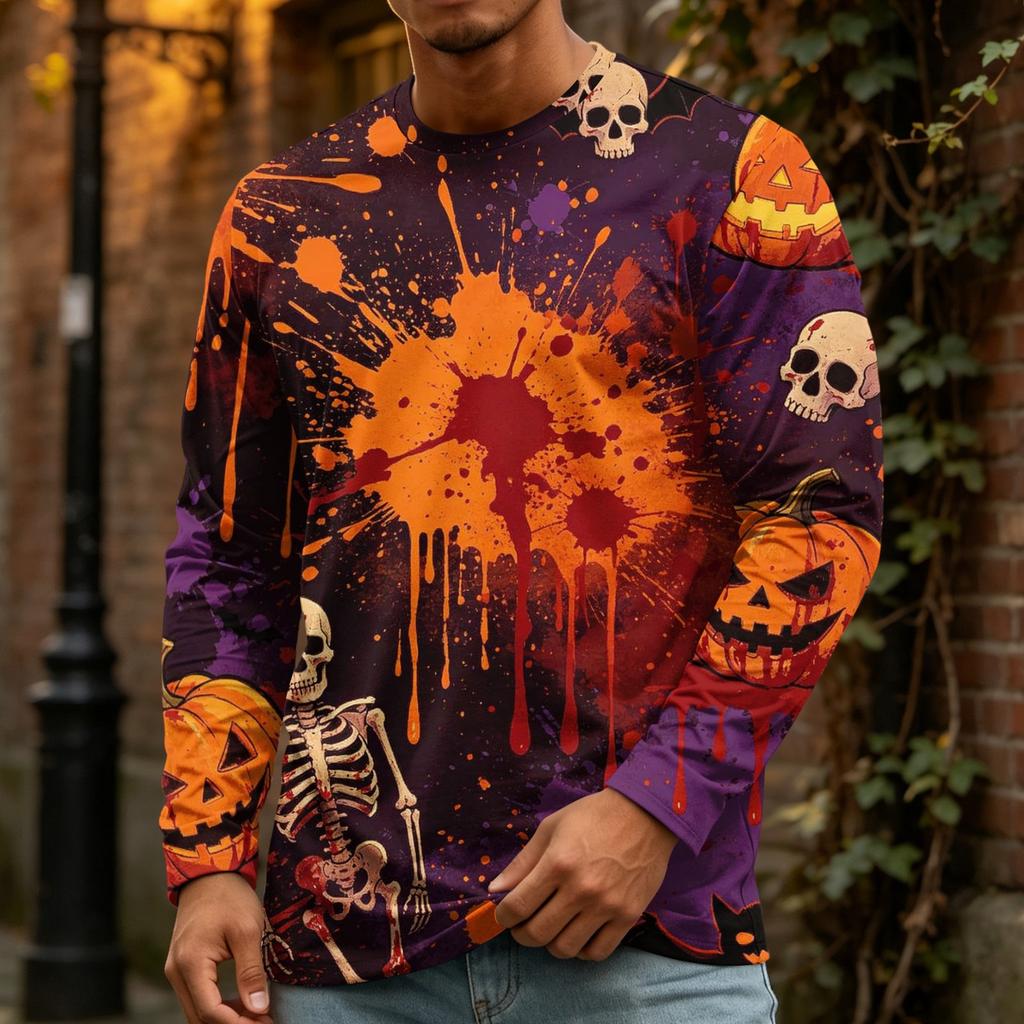 Men's Halloween Printed Crewneck Long Sleeve Top Casual Loose Fit
