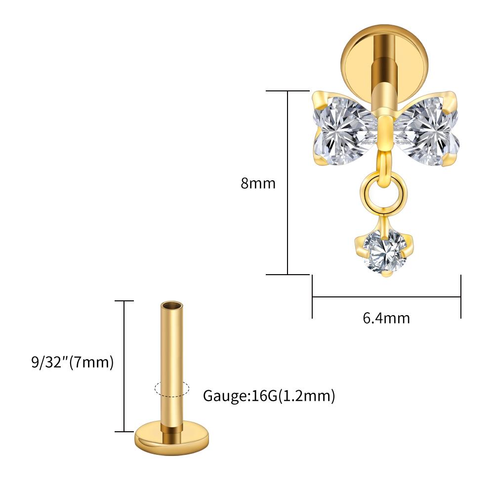 Right Grand ASTM F136 Titanium Bow Dangle CZ Piercing Labret Stud 16G Flat Back Helix Tragus Cartilage Earring Bridal Jewelry
