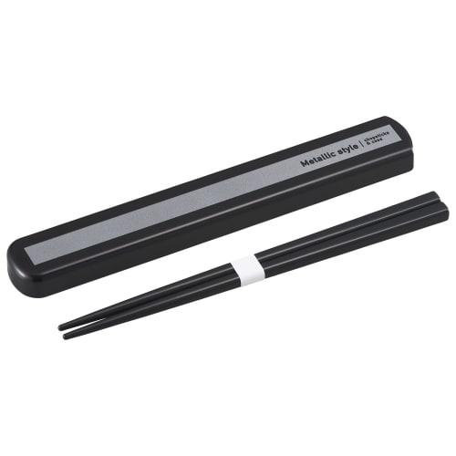 OSK Bento Chopsticks and Cutlery Set, Metallic Style, Pull-Lid Chopstick Case, Black, Made in Japan, HS-16