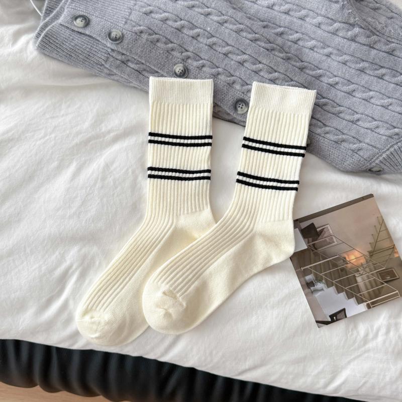 

Женские весенне-осенние повседневные хлопковые носки-гольфы с полосками разных цветов 1 pair белый