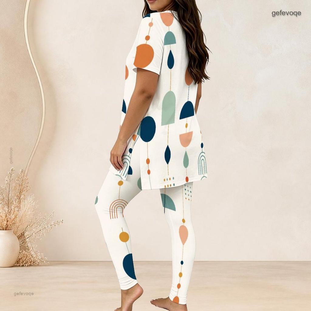Women Plus Size Two Piece Set Round Neck Short Sleeve Printed Long Top Fitted Long Pants