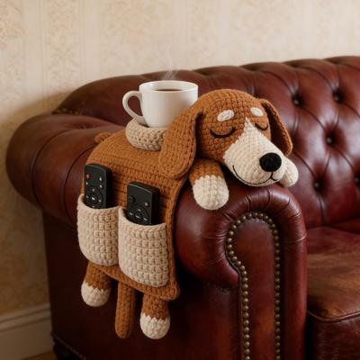 Sofa Storage Bag Soft Wool Dog Shape Hand Woven Wool Pillow with Built-in Cup Holder Winter Sofa Accessory
