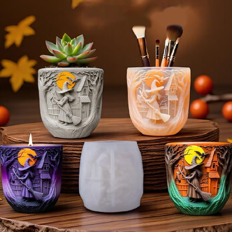 Witch Carved Candle Cup Silicone Molds Easy Demolding Dishwasher Safe For Candle Container Soap Chocolate Resin Craft