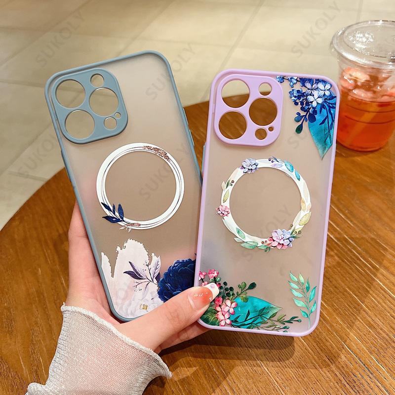 Flower Pattern Case For iPhone 17 16 13 15 Pro Max 14 12 Pro 11 Air Shockproof For Magsafe Charging Iron Ring Matte Phone Cover