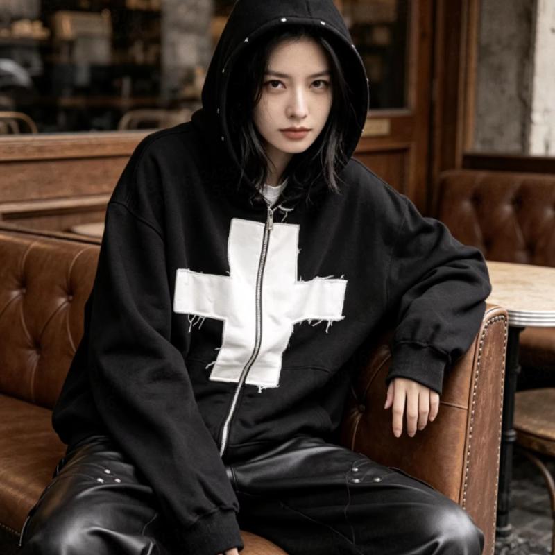 European and American Street Cross Patch Pattern Hooded Men's and Women's Loose Zipper Trendy Top