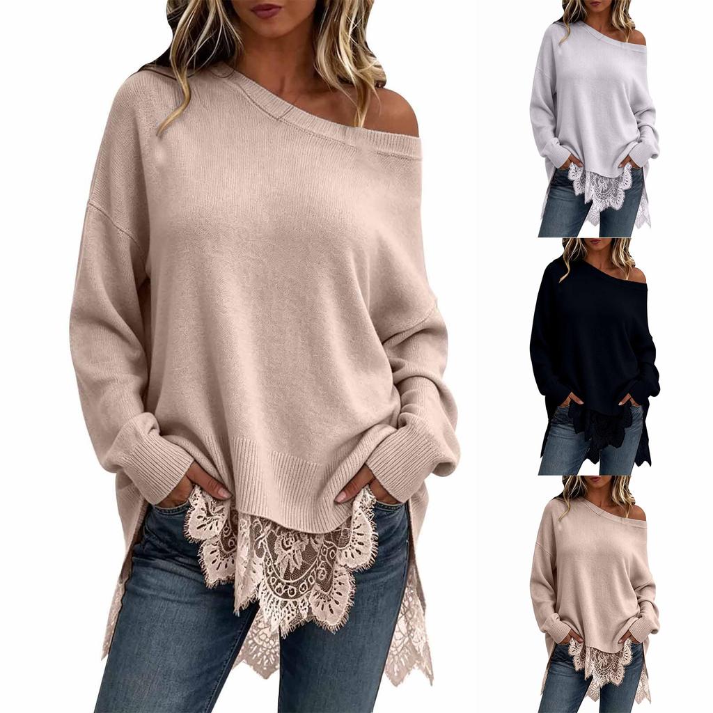Women's Casual Mid-Length Knit Top with Lace Trim and Side Slit in Colors