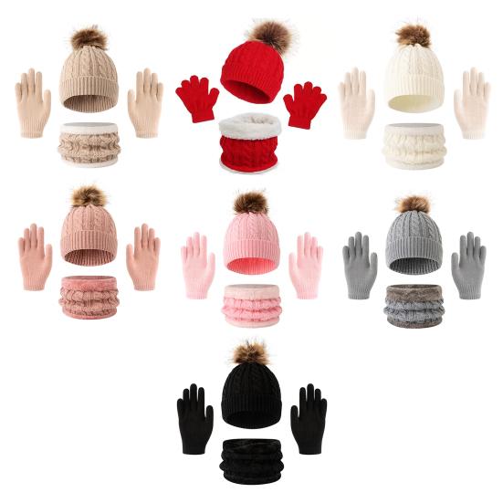 Set 3 Bucăți/Set Pălărie Fular Mănuși Femei Culoare Solidă Decor Pompom Pluș Pălărie Textură Răsucită Căptușeală Fleece Încălzitor Gât Set Mănuși