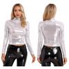 Womens Metallic Long Sleeve T-Shirt Fashion Shiny Top Slim Fit Mock Neck Tops Cocktail Dancing Party Club Music Festival Costume