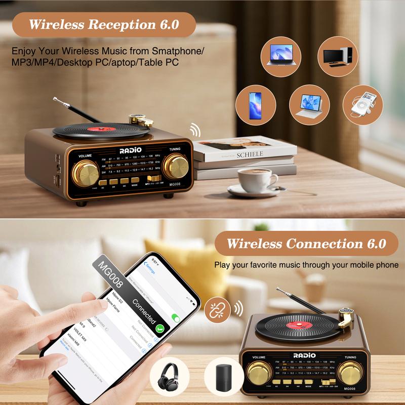 Retro Bluetooth Speaker Vinyl Player Style Radio, Portable FM/AM/SW & Wireless Streaming, Unique Vintage Decor for Home & Gift Idea