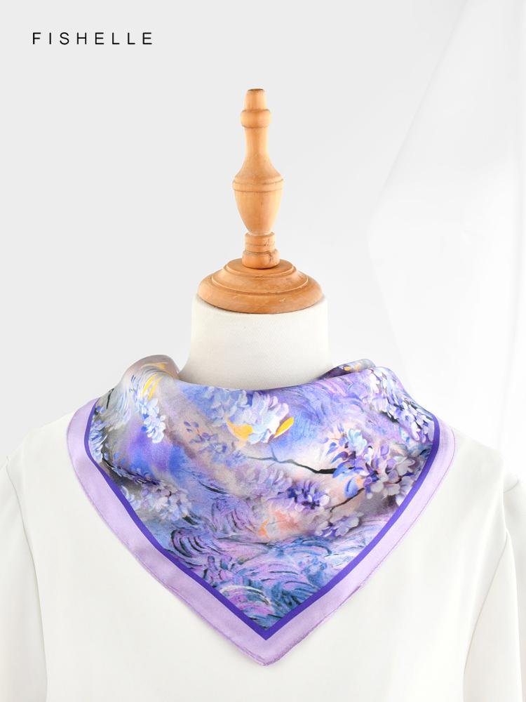 Purple flowers 100% natural real silk satin scarves small square scarf  hijab shawl luxury gift 50cm women wrap neckerchief