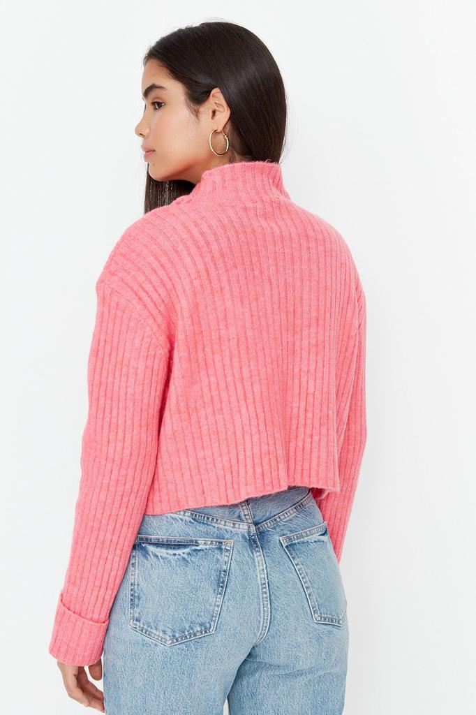 Women's Elegance Style Cardigan Pink Crop Soft Textured Stand Collar Knitwear Cardigan