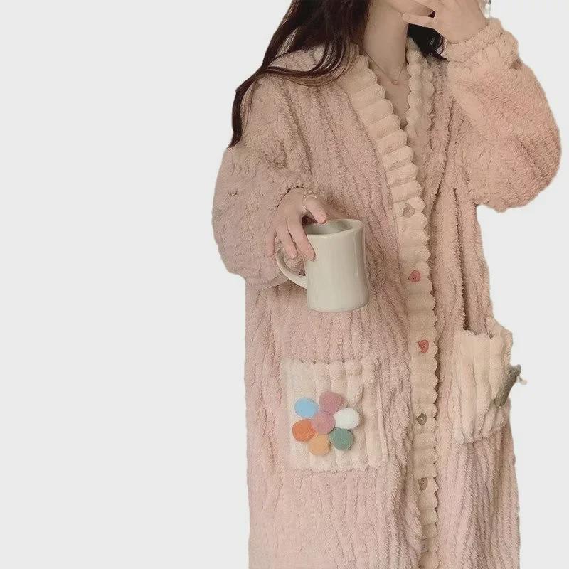 V-Neck Sunflower Nightgown Pajamas for Women - Cozy Autumn/Winter Coral Fleece, Thick, Large Sizes, Versatile Indoor/Outdoor Wear.