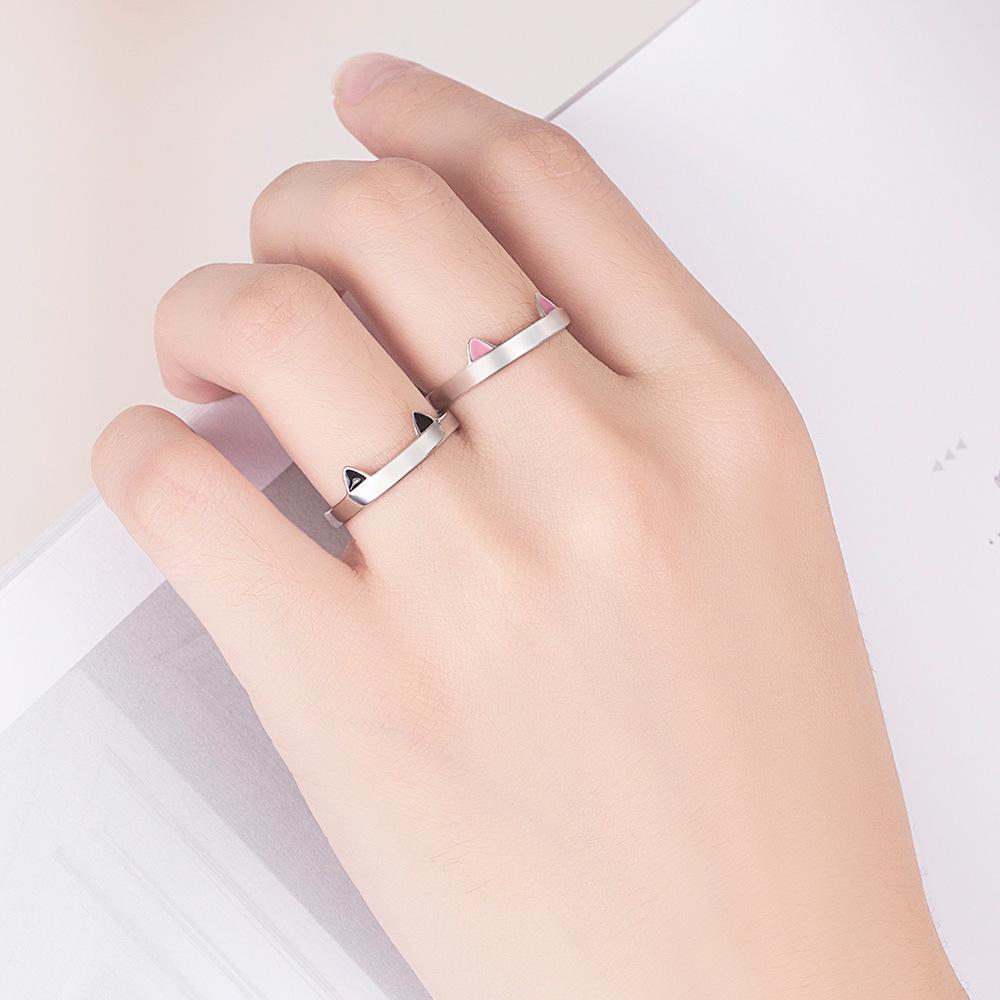 Adjustable Silver Cat Ring for Women - Cute Korean Style with Cat Ears and Paws Design