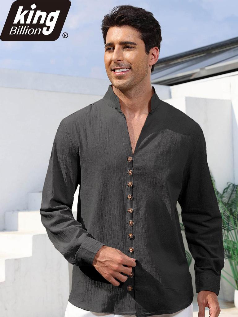 Men's Linen Cotton Blend Long Sleeve Shirt - Stylish Single Breasted Henley Neck Casual Tops for Daily Wear