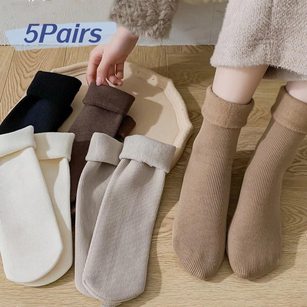 5Pairs Solid Color Thicken Warm Socks Stripe Winter Socks Women Thermal Mid Length Socks  Hosiery