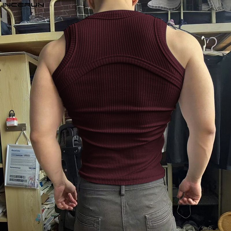 INCERUN Men Sleeveless Solid Color Fitted Ribbed Casual Tank Tops Vest