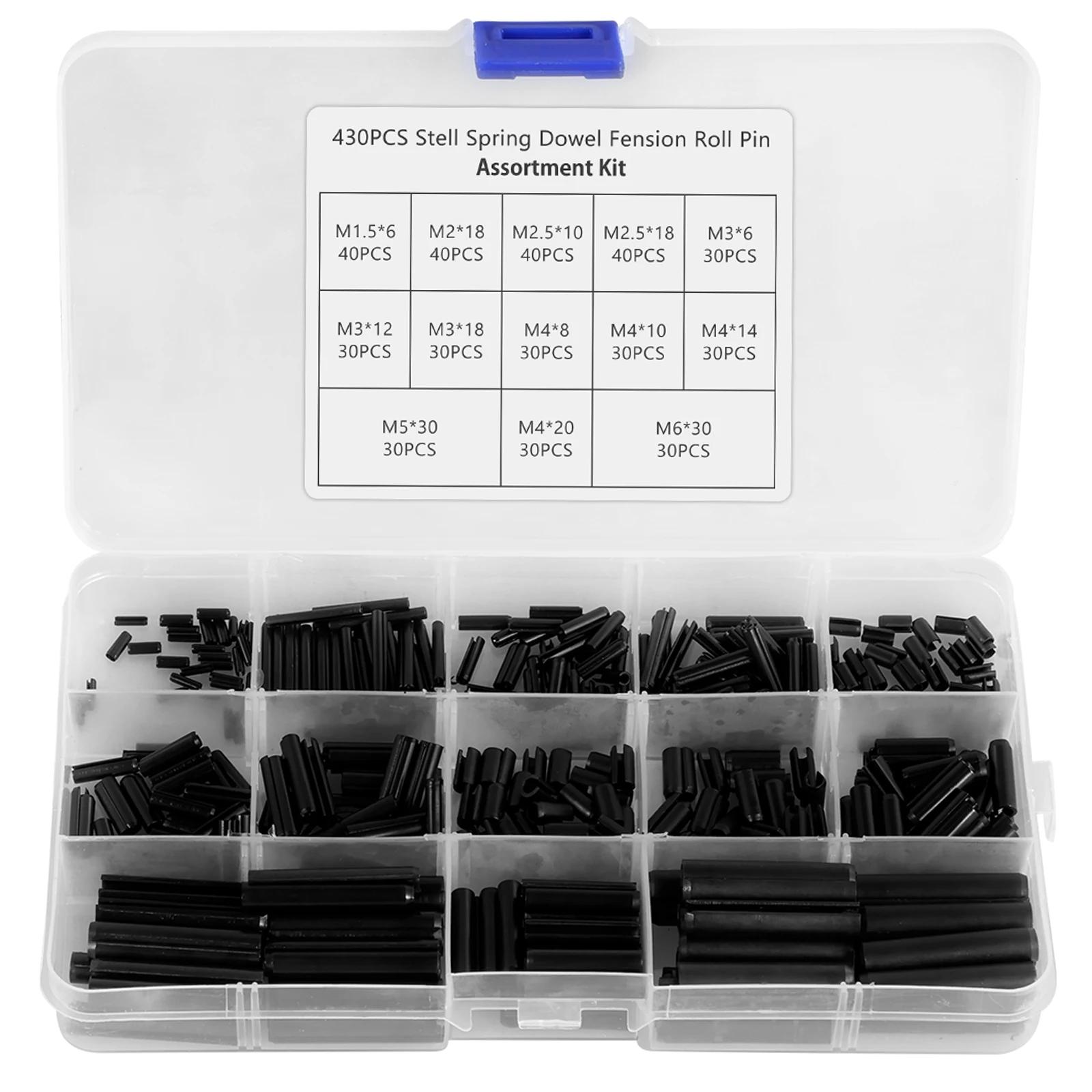 

430Pcs Roll Pin Assortment Set Carbon Steel Slotted Spring Pin Kit Split Expansion Pin Fastener Set for Cars Trucks Appliances чёрный