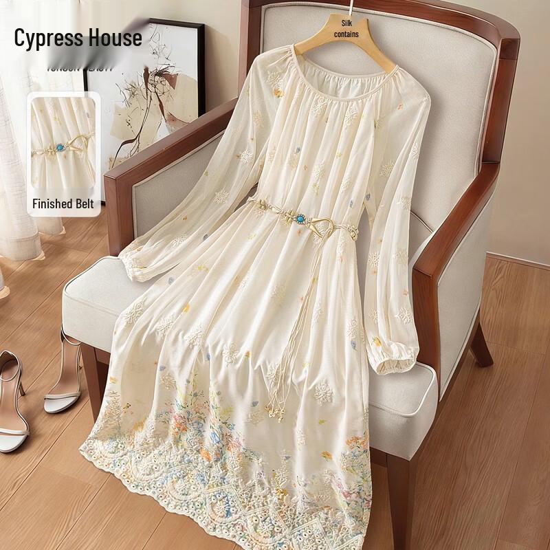 Французское ретро-платье-миди с вышивкой и длинным рукавом M