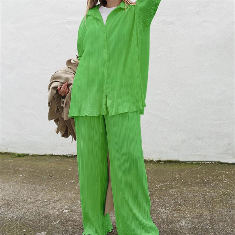 Casual High Wasit Pleated Pants Set Women Autumn Long Sleeve Blouses Matching Wide Trousers Suit Green Pleated 2 Piece Pant Sets
