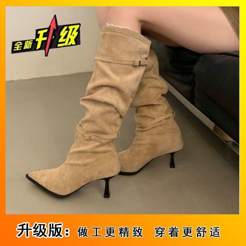 Pleated Pile Boots Belt Buckle High Heel Boots 2025 Autumn and Winter New French Fashion Pointed Suede Boots Women