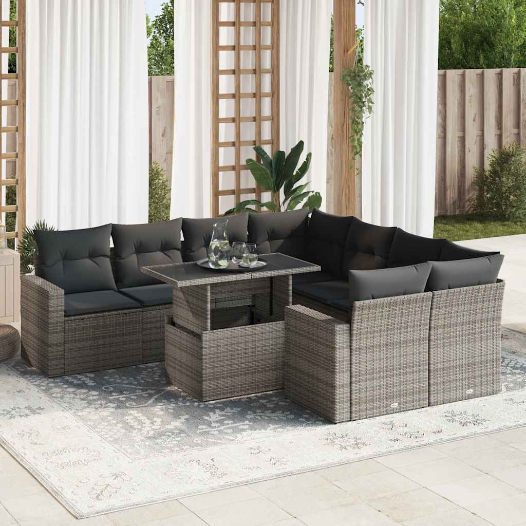 Vidaxl 9-Cz. Garden Furniture Set With Cushions, Grey, Poly Rattan