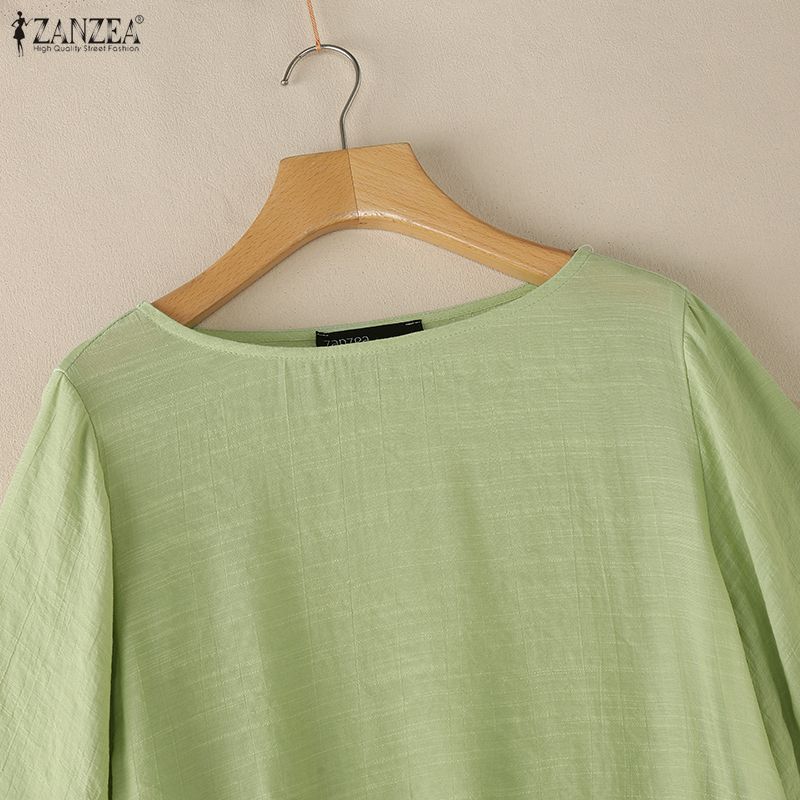ZANZEA Blusa da Donna Casual Girocollo Monocolore con Volant Manica 3/4 Larga