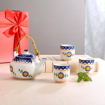 1 Set Polish Style Hand-painted Ceramic Tea Set Lifting Beam Teapot Gongfu Tea Tea Set Include 1 Pot And 6 Cups With Filter Mesh Tea Accessories Gifts