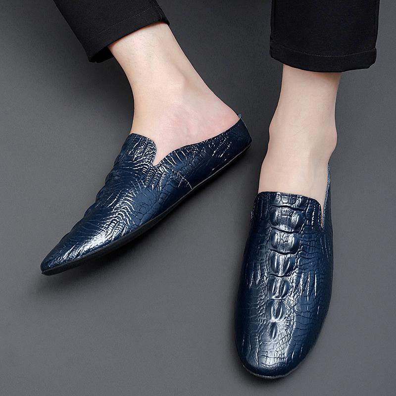 Italian Luxury Men Slippers Leather Loafers Men's Moccasins Casual Non-slip Man Fashion Half Shoes Men Mules Shoes Half Slipper