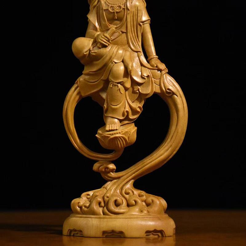 Solid woodGuanyin Buddha Bodhisattva Character Figurines Home Room Office Wealth Luck Feng Shui Decor Wood Carving Buddha Statue