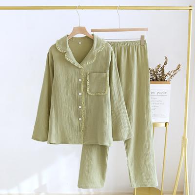 2026 Spring and Autumn New Women's Pajama Set 100%Pure Cotton Crepe Lapel Long Sleeved Pants Two Piece Set Fresh Loose Home Fury