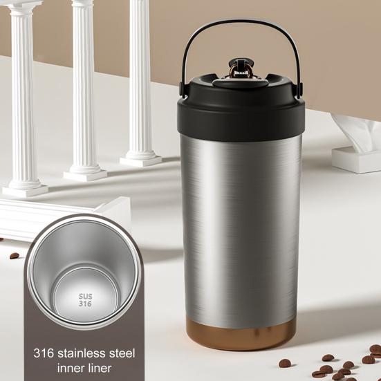 Cestovní hrnek na kávu s uchem a brčkem 500 ml přenosný kelímek s keramickou vložkou nerezový izolovaný hrnek na horké studené nápoje