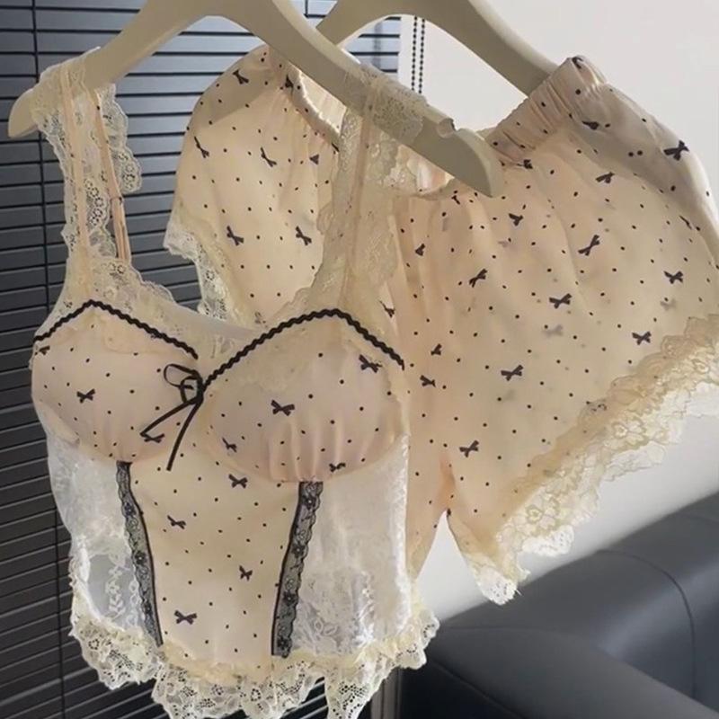 New sweet lace edge ice silk pajamas women's summer pure desire sexy suspender shorts loungewear with chest pad