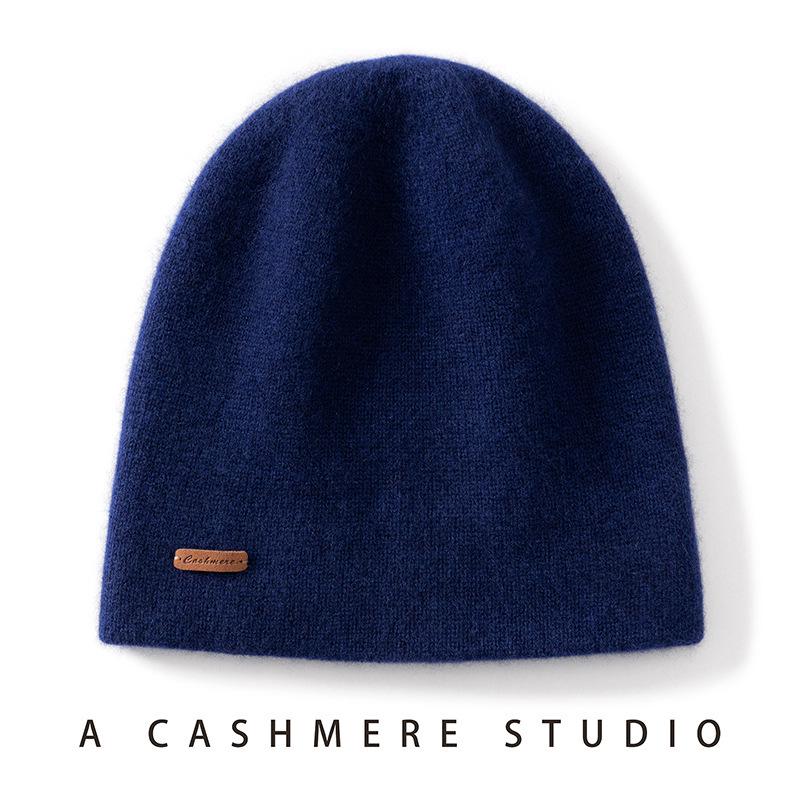 Cashmere Knit Hat with Ear Protection - Warm Fashionable Wool Hat in Stock 50/26 темно-синий