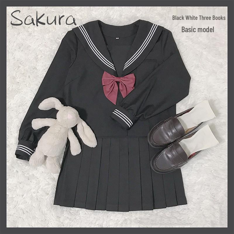 

Japanese JK Authentic Black Three-Piece Sailor School Uniform with Long Skirt XXXL