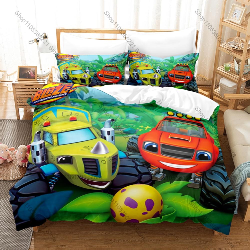 Blaze Monster Machines Theme Bedding Set 3 Pieces Kawaii Truck Print Quilt Cover Set Twin Full Queen King Size with Pillowcases