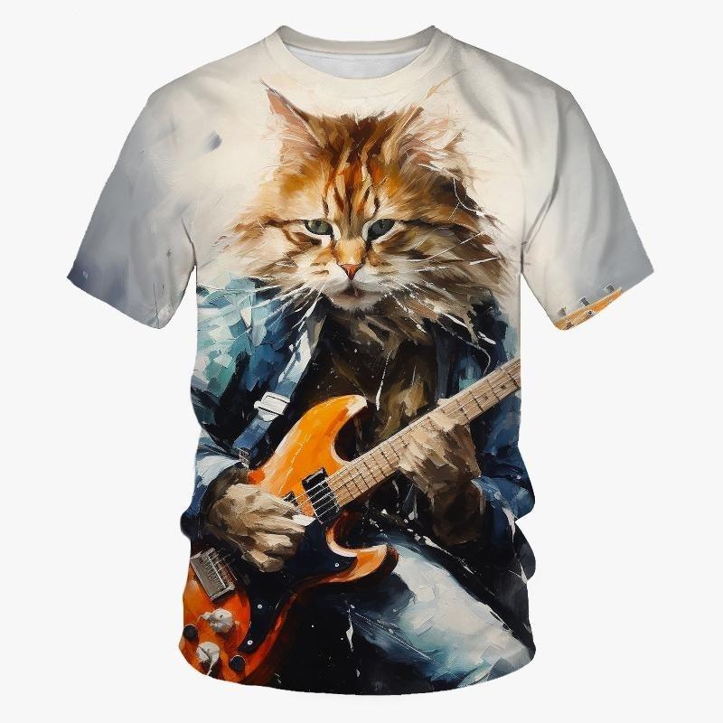 3d Print Guitar Bass Cat T Shirt For Men Animal Graphic T-shirt Hip-hop Personality Short Sleeves Round Neck Rock T-shirts